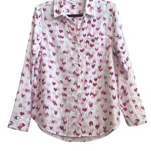 Beach Lunch LoungeWhite with Pink Abstract Heart/V Shape Pattern Button Down Top